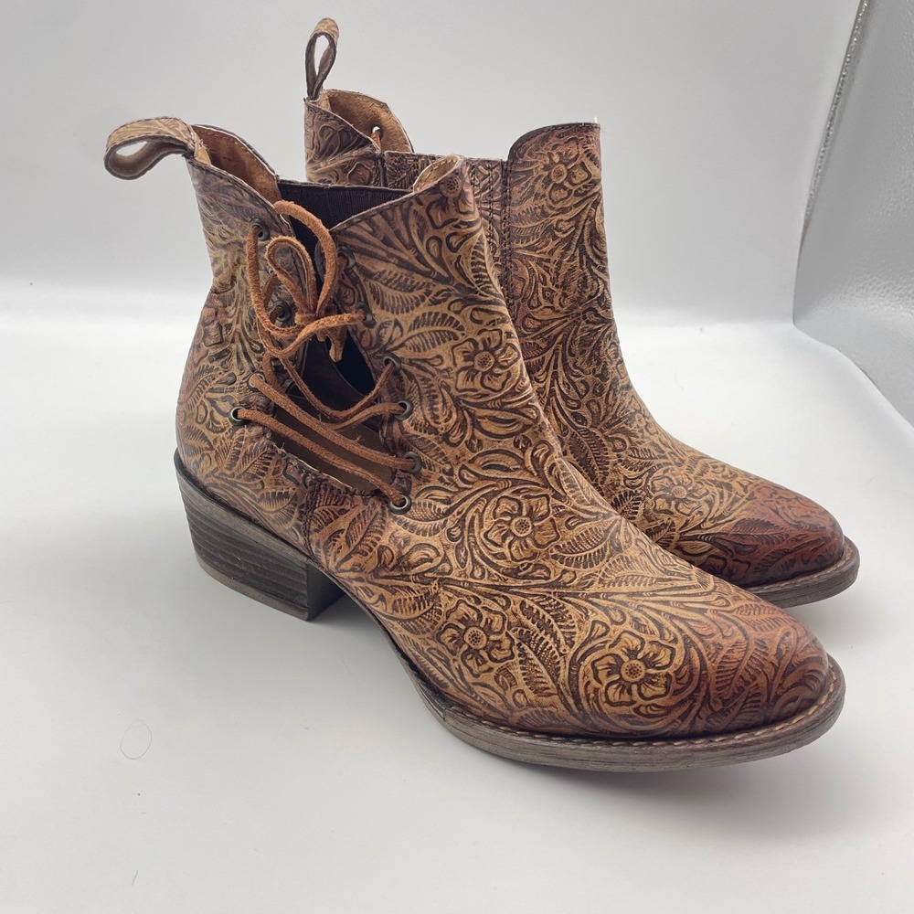 Circle G Women's Floral Tooled Leather Embossed Lace Up Ankle Boots Sz 7 Booties